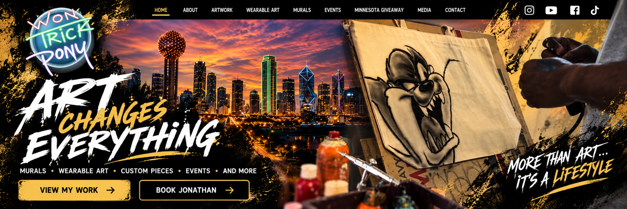 Won Trick Pony Creative Studio, Art Changes Everything, Dallas skyline, airbrush artwork and booking buttons